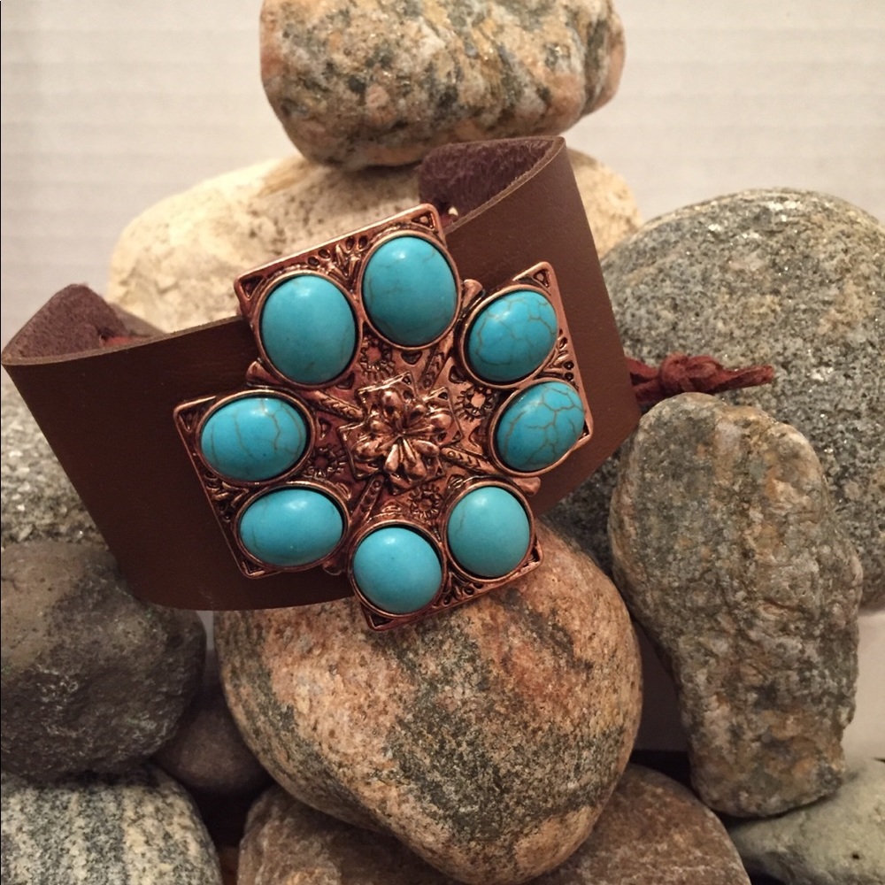 Leather with Copper & Turquoise Design Bracelet